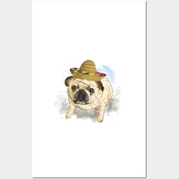 Pet portrait of Pug dog wearing Mexican hat. Watercolor painting Wall Art by Nalidsa